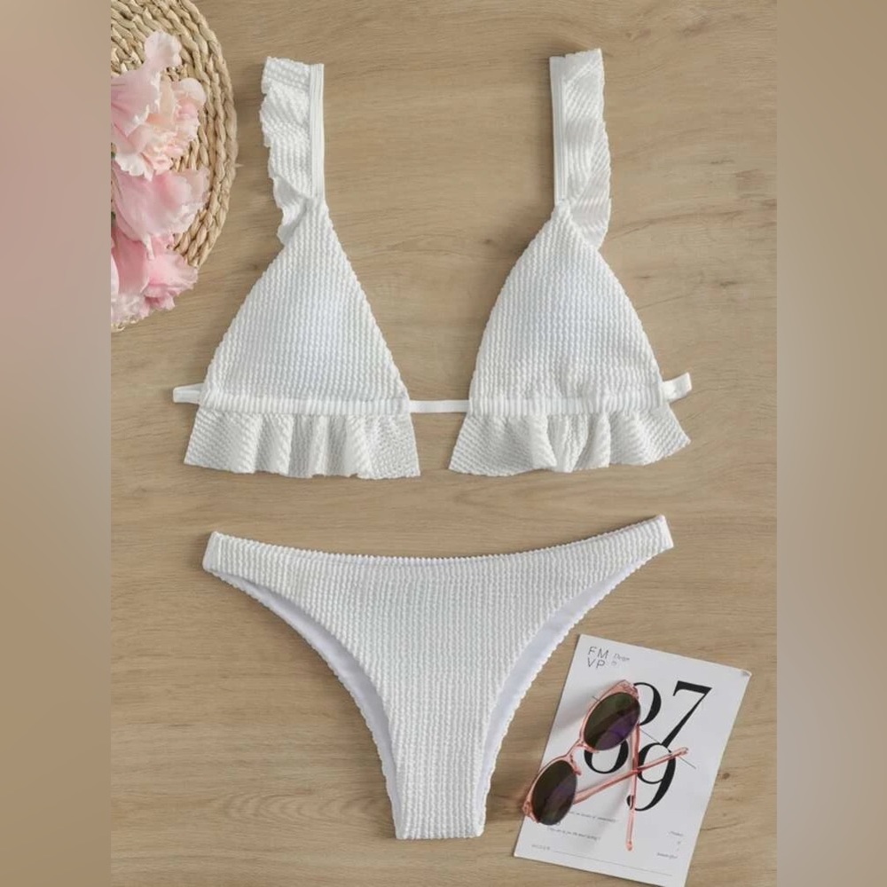NEW Shein Ruffle Trim Triangle Bikini White TOP ONLY Small